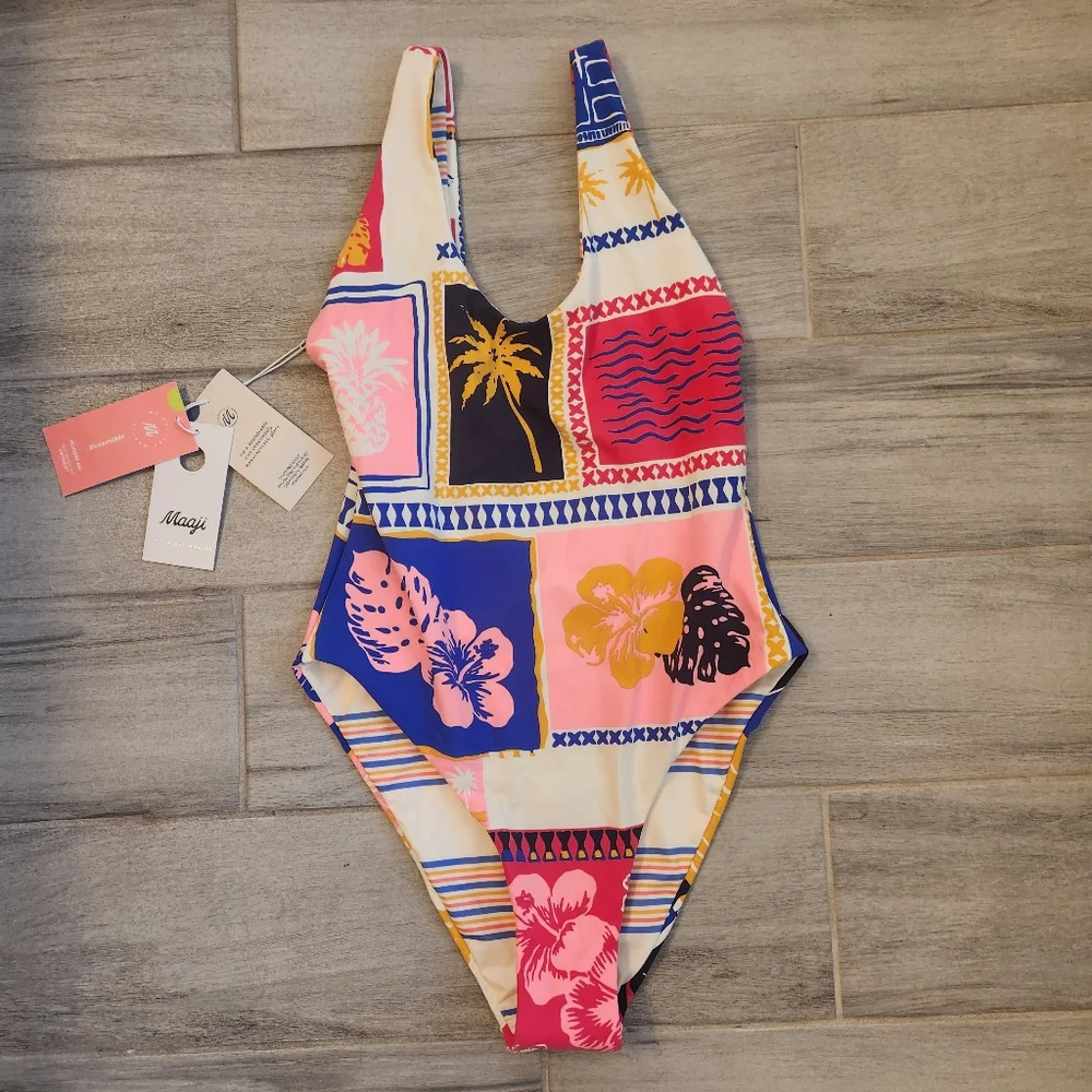 Maaji swimsuit L one piece Paradise Postals Claire reversible stripes new $174